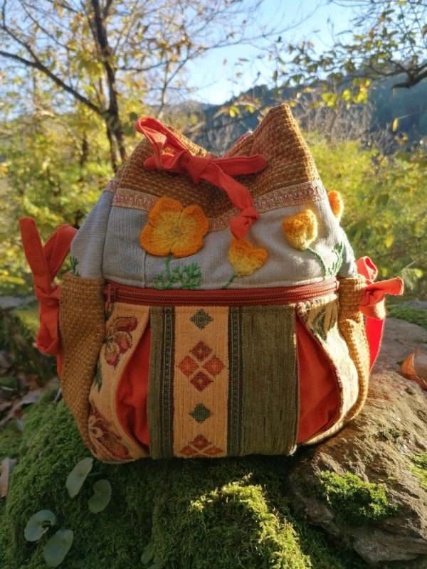 Sac à dos , "Lanterne", "Douceur rustique de pavots Californien", jeans, tissus tapissier, taille moyenne