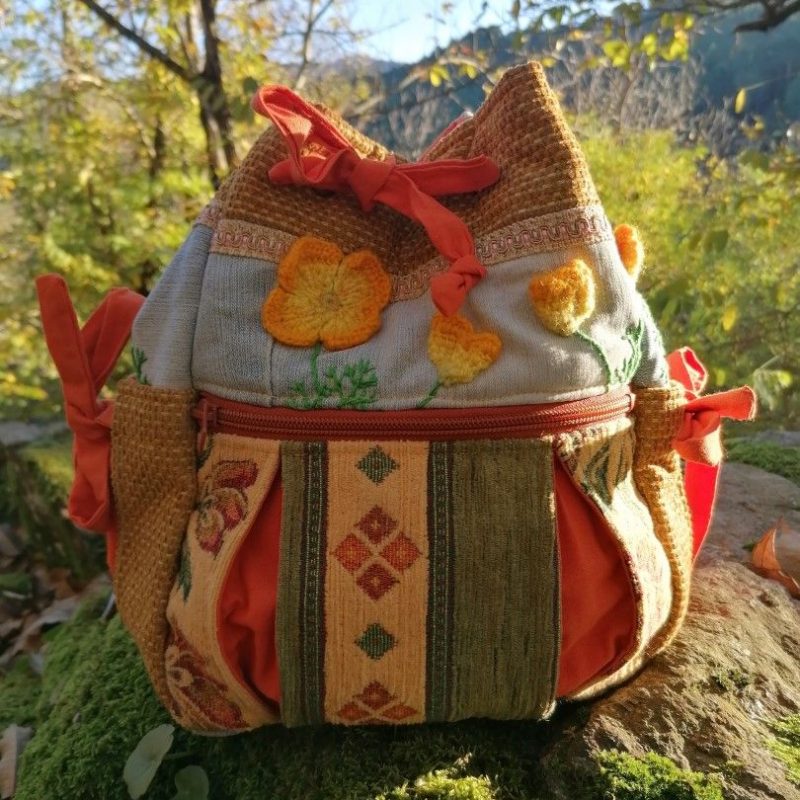 Sac à dos , « Lanterne », « Douceur rustique de pavots Californien », jeans, tissus tapissier, taille moyenne