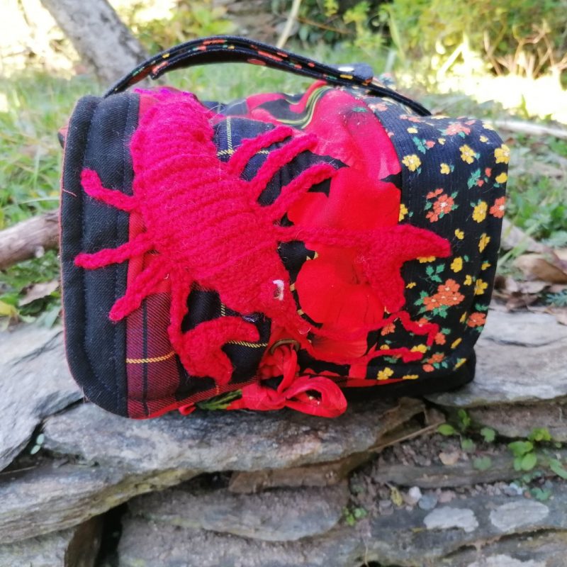 Sac à repas, casse-croutes, « flower ecosse & Homaresque », jeans, coton, simili, isotherme, et homard en acrylique..