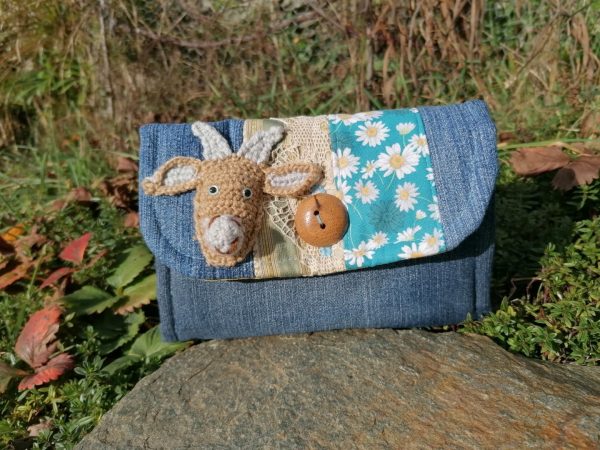 Portefeuille soufflet "simone",biquette 3d, tissus de tapissier, coton, simili, bouton châtaignier