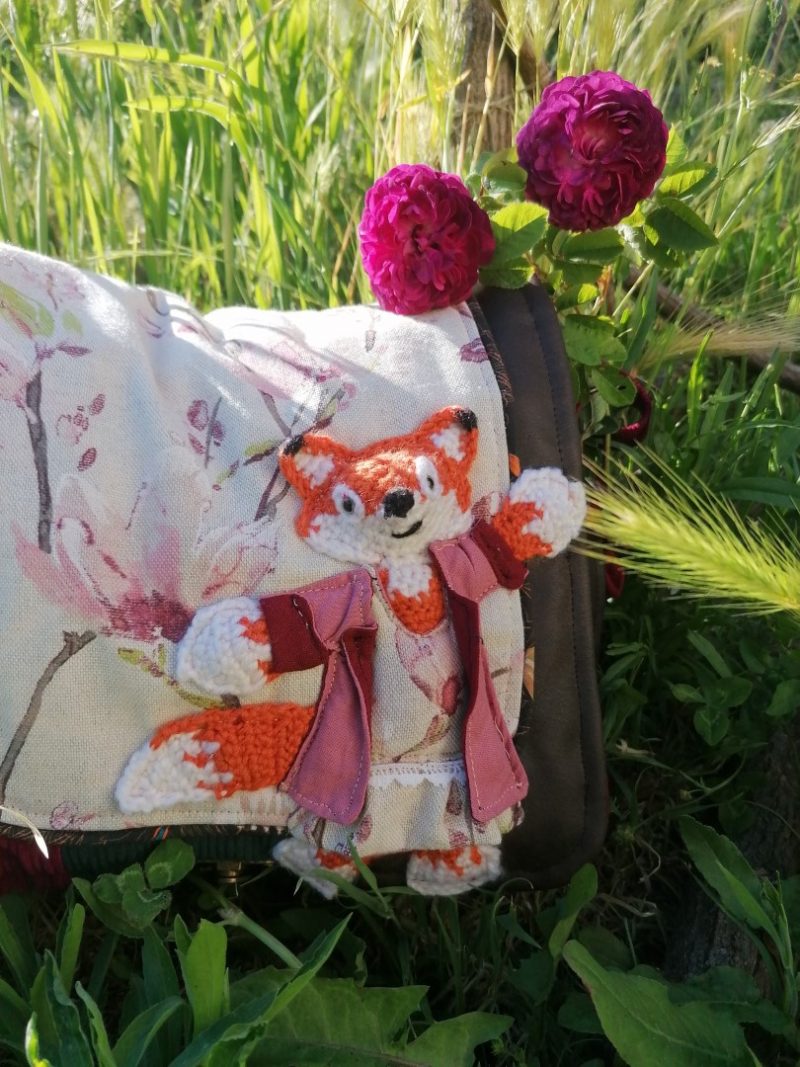 Petite Besace de survie, "Miss Fox" , motif renard 3d, velours, simili et coton – Image 7