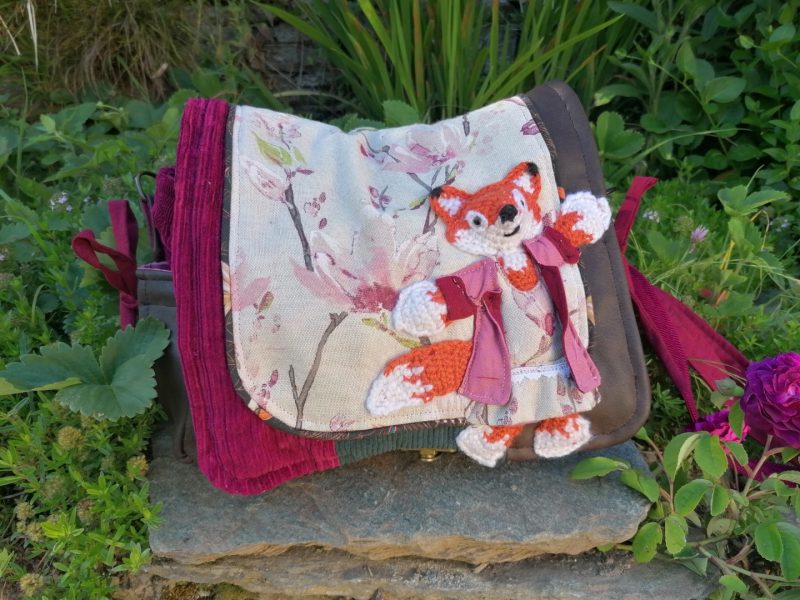 Petite Besace de survie, "Miss Fox" , motif renard 3d, velours, simili et coton – Image 5