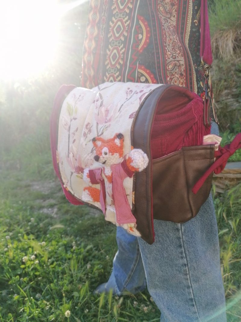Petite Besace de survie, "Miss Fox" , motif renard 3d, velours, simili et coton – Image 8