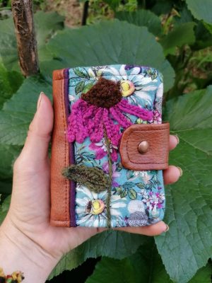 Porte-feuille Porte-monnaie de poche, Bolet,  "Echinacée",fleurs 3d, contons, simili et acrylique