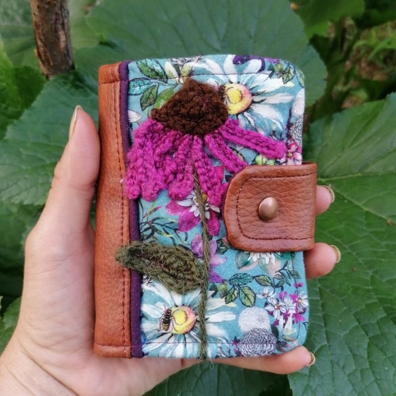 Porte-feuille Porte-monnaie de poche, Bolet, « Echinacée »,fleurs 3d, contons, simili et acrylique