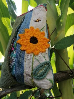 Étui à lunettes clic-clac, "Vue ensoleillé", coton , jean et velours, fermoir clic-clac 10cm