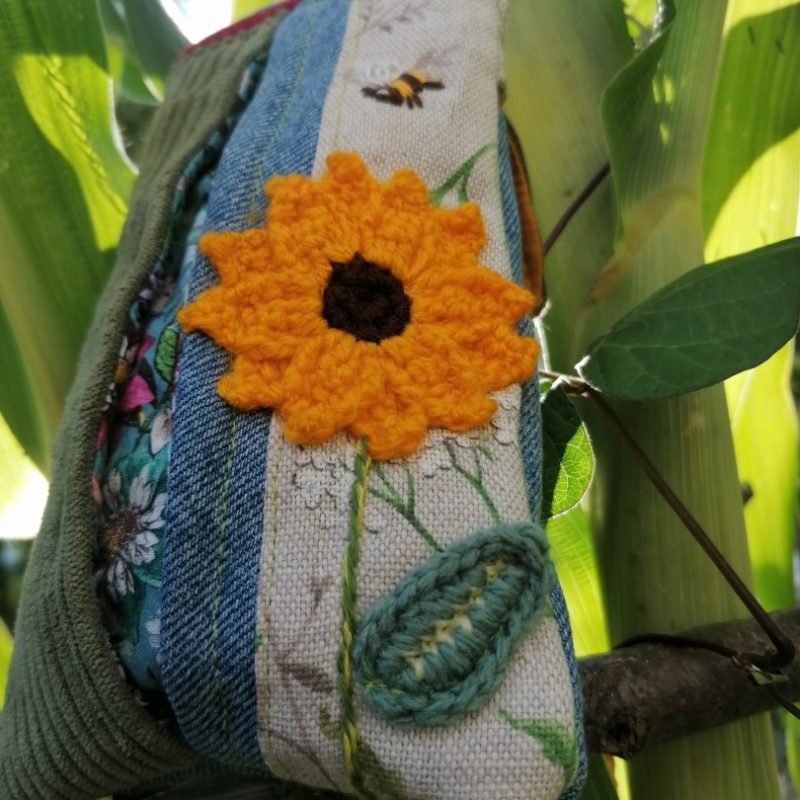 Étui à lunettes clic-clac, « Vue ensoleillé », coton , jean et velours, fermoir clic-clac 10cm