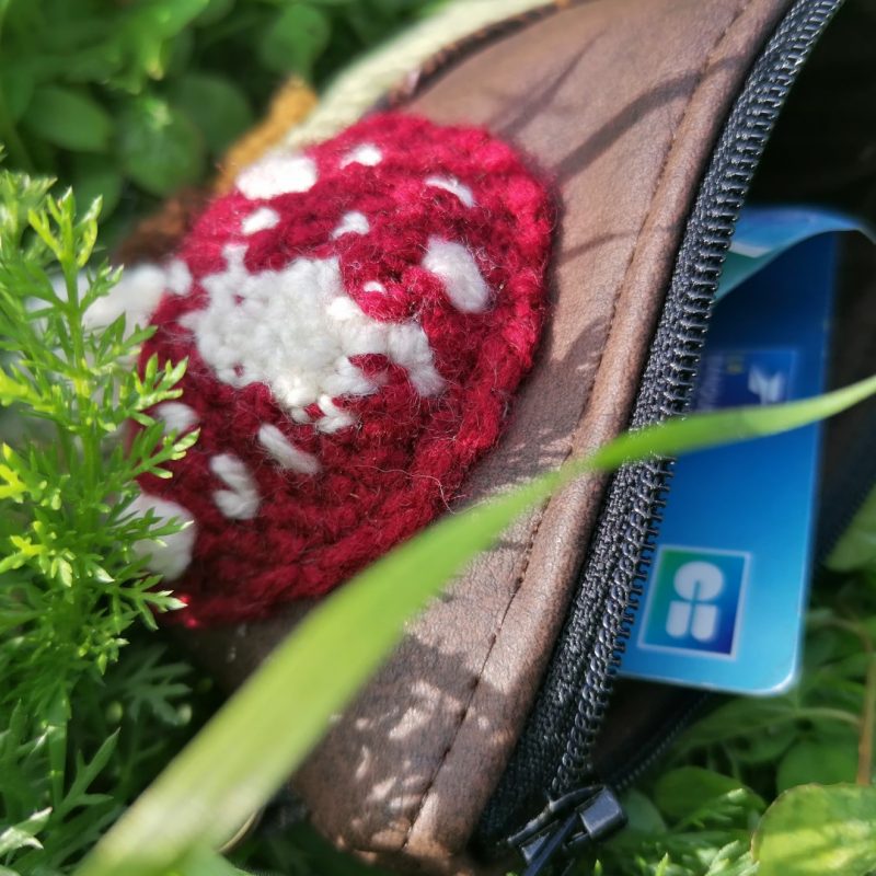 Petite-pochette, Porte-monnaie de poche, « un automne en foret », simili, coton , velours, acrylique et amanite au crochet