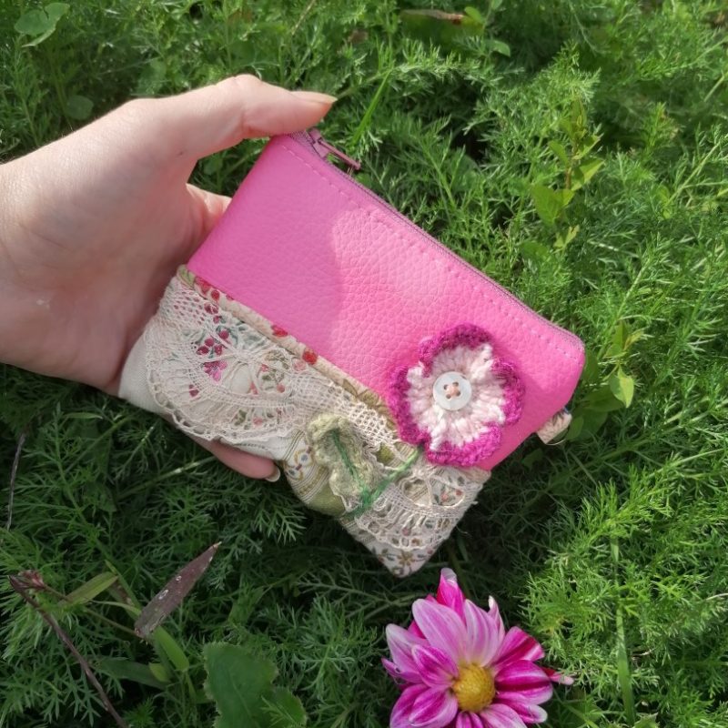 Petite-pochette, Porte-monnaie de poche, « »Boudoir d’antan », simili, rayonne, coton , dentelle vinatge et coton