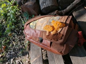 Sac, petite Besace de survie Édition "lumière doré d'automne", simili, velours, tissus d'ameublement , motif giroles