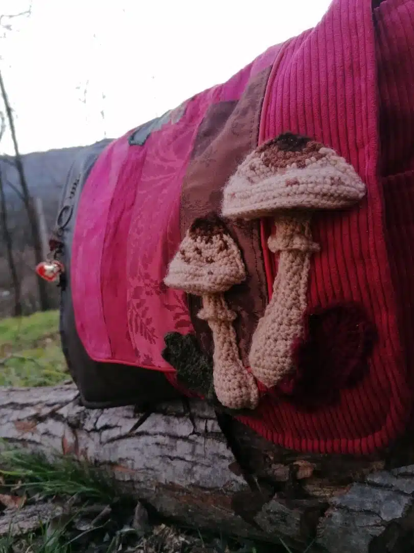Sac, Grande Besace de survie Édition"La passion du rouge ", simili, velours, tissus d'ameublement , motifs coulemelles et feuilles crochetées main – Image 16