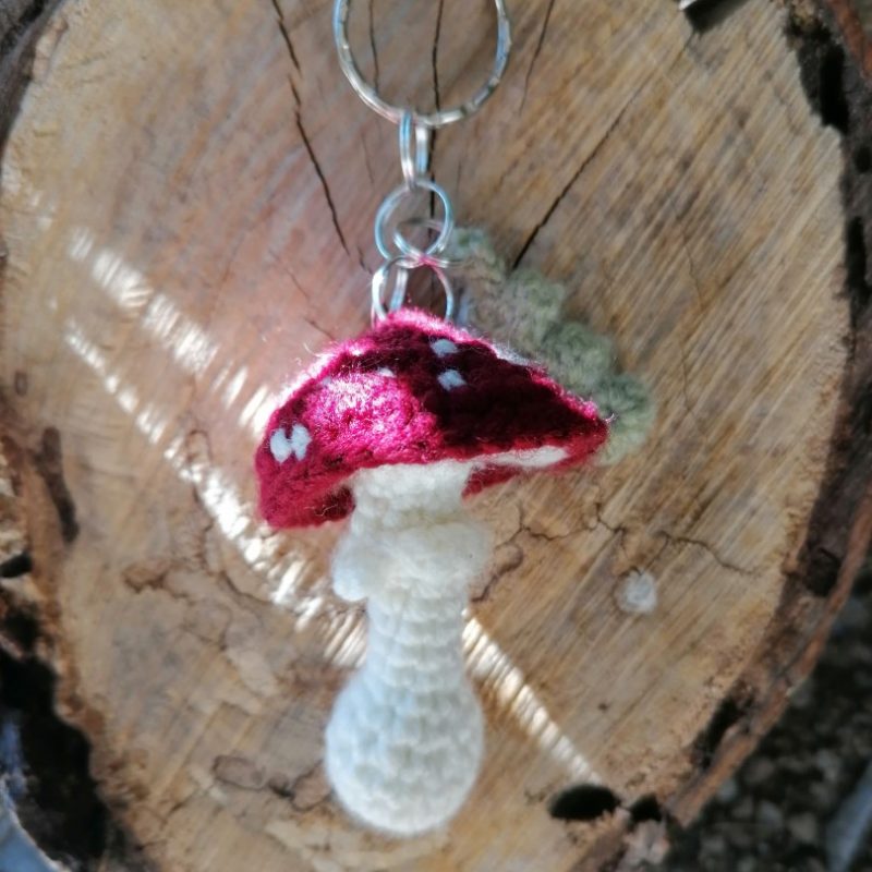 Porte-clés champignon , Amanite tue mouche et feuille verte clair salamandingue au crochet , acryliques apprêts, ouate, n°1