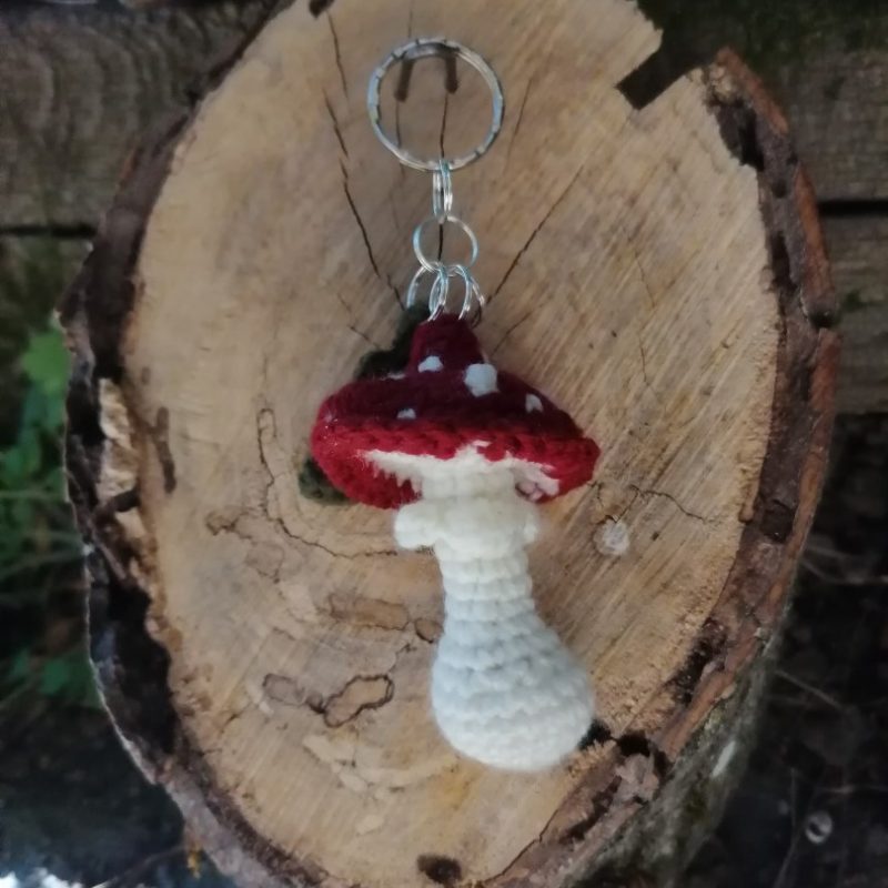 Porte-clés champignon , Amanite tue mouche et feuille verte foncée salamandingue au crochet , acryliques apprêts, ouate, n°2