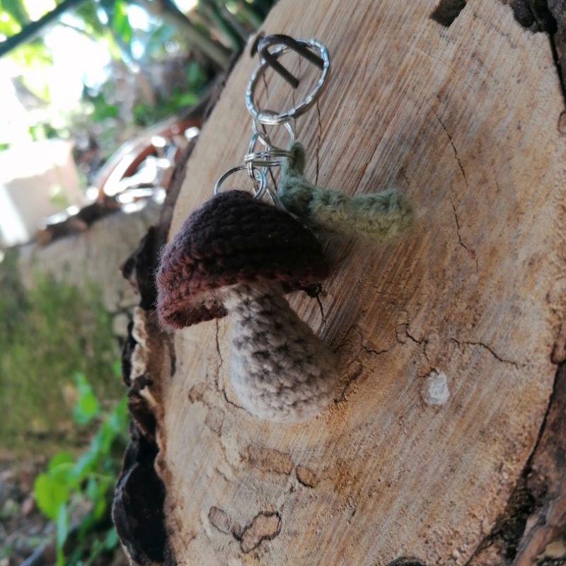 Porte-clés champignon , cèpe et feuille bordeaux salamandingue au crochet , acryliques apprêts, ouate, n°2