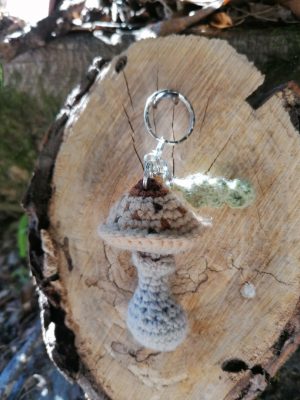Porte-clés champignon , coulemelle et feuille verte salamandingue au crochet , acryliques apprêts, ouate n°4