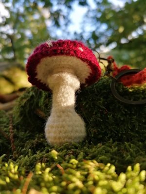 Porte-clés champignon , Amanite tue mouche et feuille orange salamandingue au crochet , acryliques apprêts, ouate, n°4