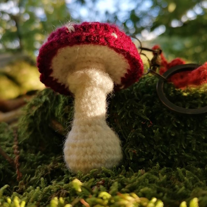 Porte-clés champignon , Amanite tue mouche et feuille orange salamandingue au crochet , acryliques apprêts, ouate, n°4