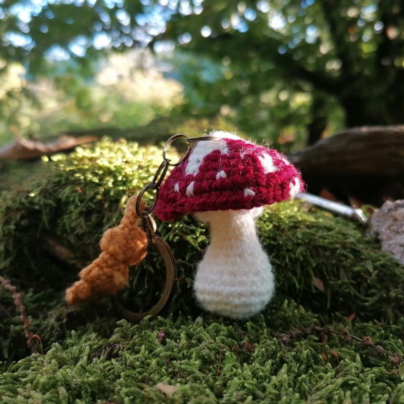 Porte-clés champignon , Amanite tue mouche et feuille jaune salamandingue au crochet , acryliques apprêts, ouate, n°5