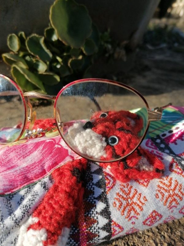 Étui à lunettes , cartes de jeux , divinatoire , Miss Tigre Du rose grrrr !, motif crocheté, cotons , simili et tissus d'ameublement