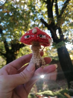 Porte-clés champignon , Champignon Amanite César psyché , au crochet, acryliques apprêts, ouate