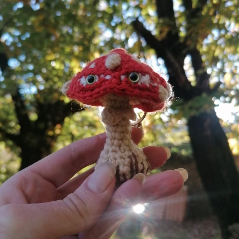 Porte-clés champignon , Champignon Amanite César psyché , au crochet, acryliques apprêts, ouate