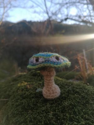 Porte-clés champignon , Champignon psyché, bleu clair et vert , au crochet, acryliques apprêts, ouate