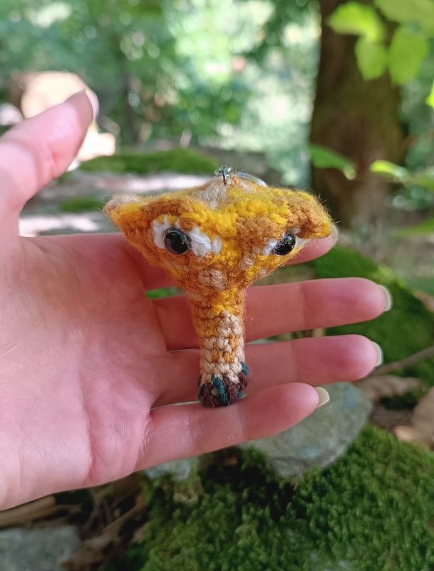 Porte-clés , champignon , Champi'fou Miss Gigi la Girolle, aux yeux clair accroche millieu , crocheté main acrylique, ouate hypoallergénique