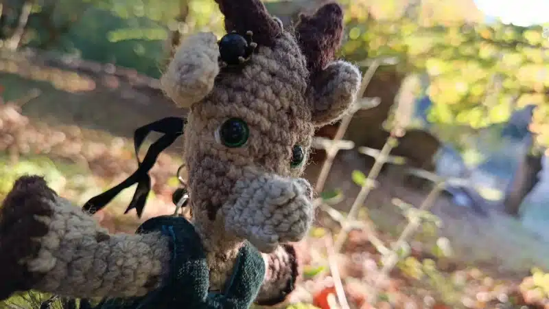 Porte-clés "Qui rend chèvre", Biquette 🐐 ÉMERAUDE DES BOIS — La Biquette des clairières enchantées – crochetée à la main, acrylique, poly-cotons , boutons apprêt – Image 10