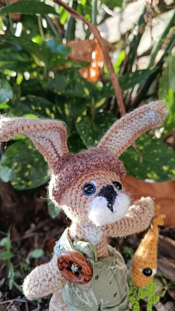Le Porte-Clé (ou Talisman)-Mycelin Noiserotte Lièvre sylvestre crocheté main – gardien des racines oubliées - crocheté main, salopette coton & bois naturel – Image 8
