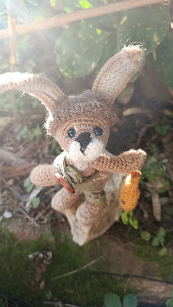 Le Porte-Clé (ou Talisman)-Mycelin Noiserotte Lièvre sylvestre crocheté main – gardien des racines oubliées - crocheté main, salopette coton & bois naturel – Image 7