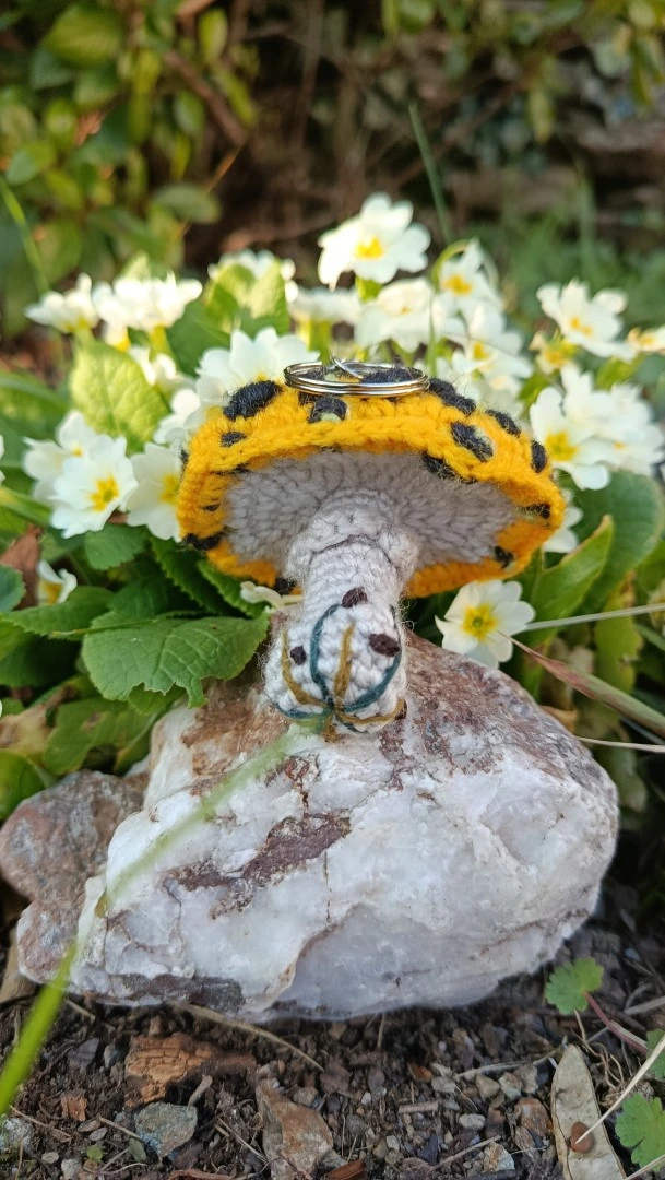 Porte-clés , champignon , Champi'fou dendrobate jaune et noir psychédélique, crocheté main acrylique, ouate hypoallergénique – Image 6