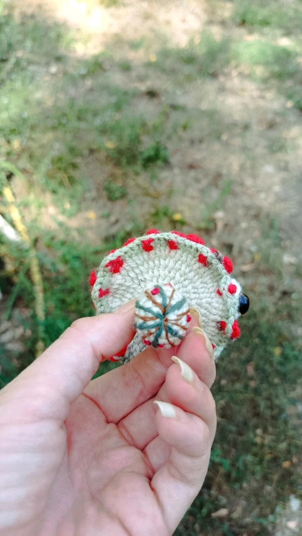 Porte-clés , champignon , Champi'fou, Amanite psychédélique vert d’eau & spores rouge et beige, crocheté main acrylique, ouate hypoallergénique – Image 5